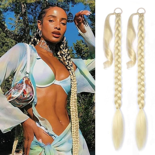 2 Pack Long Braided Ponytail Extension with Hair Tie Straight Wrap Around Braided Ponytail Extension(613#)