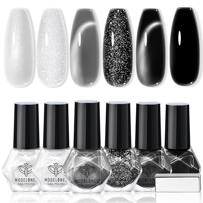 modelones Nail Polish Set, 6 Colors White Black Nail Polish with Magnet Glitter Cat Eye Magnetic Non Toxic Quick Dry Nail Polish Kit Fast Drying Fingernail Polish Salon Home DIY Gifts For Women Girl