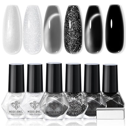 modelones Nail Polish Set, 6 Colors White Black Nail Polish with Magnet Glitter Cat Eye Magnetic Non Toxic Quick Dry Nail Polish Kit Fast Drying Fingernail Polish Salon Home DIY Gifts For Women Girl