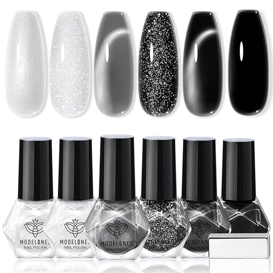 modelones Nail Polish Set, 6 Colors White Black Nail Polish with Magnet Glitter Cat Eye Magnetic Non Toxic Quick Dry Nail Polish Kit Fast Drying Fingernail Polish Salon Home DIY Gifts For Women Girl