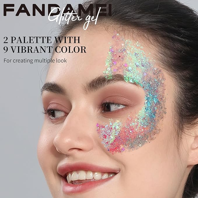 FANDAMEI Face Glitter, 2 Gel Palette 18 Grids, Body Hair Glitter for Kids Women for Makeup, Halloween Rave Concert Face Paint Glitter