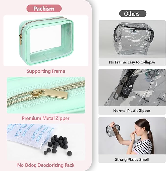 PACKISM TSA Approved Toiletry Bag - Upgrade Color-Edged Clear Makeup Bag, Unique Appearance, 2 Pack Hold Lots of Items, Reusable Clear Toiletry Bags for Travel Essentials, Green (2 Sizes)