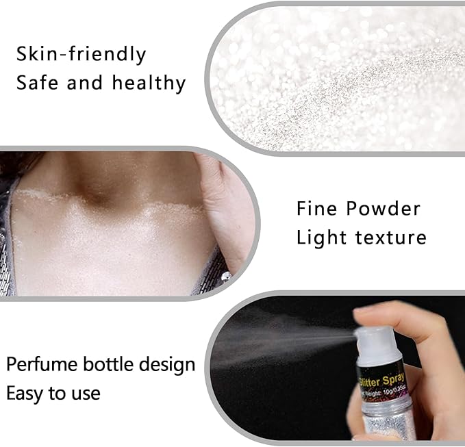 Hair and Body Glitter Spray, Holographic Glitter Highlighter Powder Spray, Unscented Hair Clothes Glitter Highlighter, Loose Glitter Spray Shimmer Powder Festival Rave Accessories, 10g (02 Peal White)