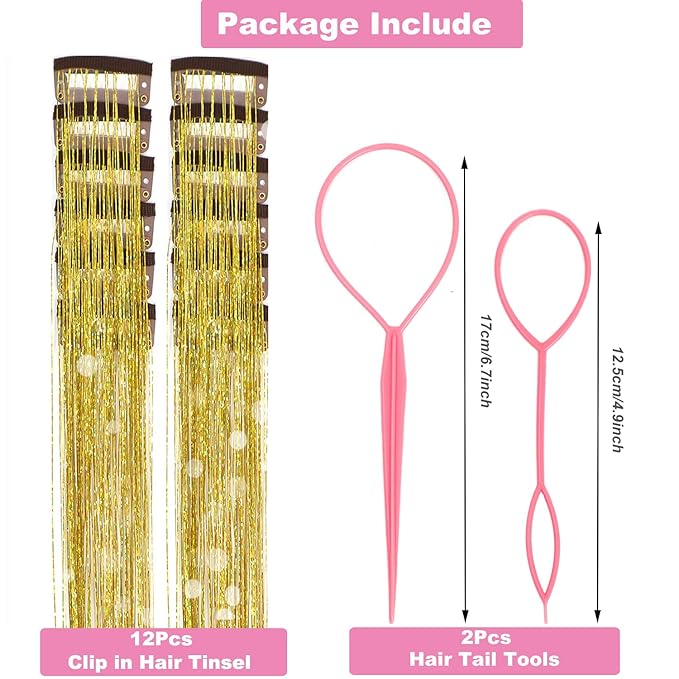 12Pcs Hair Tinsel Clip in Glitter Tinsel Hair Extensions 19.6Inch Clip in Hair Tinsel Kit Heat Resistant Shiny Sparkly Fairy Hair Accessories for Women Girls Kids (Gold)