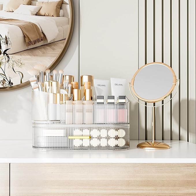 Delamu Makeup Organizer for Vanity with Stackable Drawers, 360 Rotating Makeup Brush Holder Large Cosmetic Display Case for Dresser, Bathroom Countertop Skincare Organizers and Storage, Crystal Clear