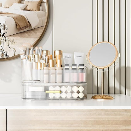 Delamu Makeup Organizer for Vanity with Stackable Drawers, 360 Rotating Makeup Brush Holder Large Cosmetic Display Case for Dresser, Bathroom Countertop Skincare Organizers and Storage, Crystal Clear