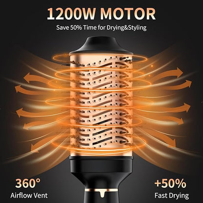 Hair Dryer Brush, 4 in 1 Ionic Blow Dryer Brush with Oval Titanium Barrel, Hair Dryer and Styler Volumizer for Drying, Straightening, Curling and Voluming, Black