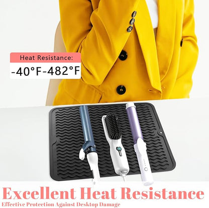Oversize Silicone Heat Resistant Mat, Heat Mat with Velcro for Curling Iron, Travel Cover Cushion for Curling Irons, Hair Bands and Styling Tools(15.7" X 11.8")