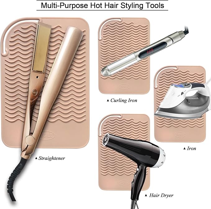 11" X 7.5" Large Size Heat Resistant Silicone Travel Mat for Hair Styling Tools, Hair Straighteners, Curling Irons, Flat Irons, Hot Iron Holster for Vanity Salon Pad Cover - Blush Pink