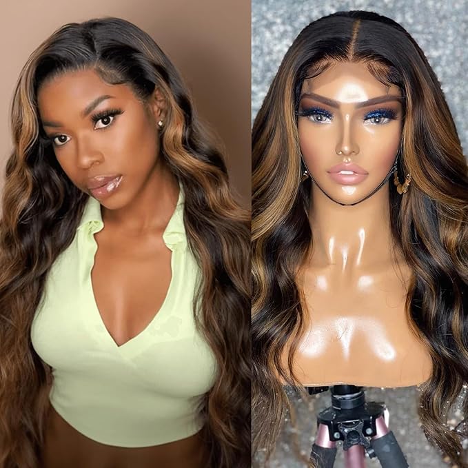 30 Inch Lace Front Wig Human Hair FB/30 Balayage Ombre Lace Front Wig Human Hair Pre Plucked with Natural Hairline 180 Density 13x4 Body Wave HD Frontal for Black Women Black and Blonde Color