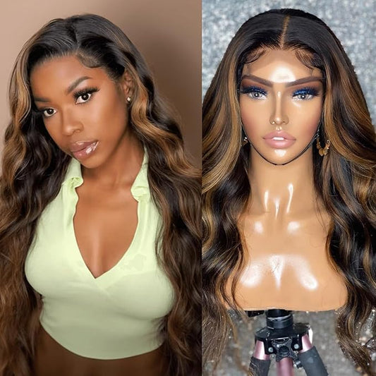 30 Inch Lace Front Wig Human Hair FB/30 Balayage Ombre Lace Front Wig Human Hair Pre Plucked with Natural Hairline 180 Density 13x4 Body Wave HD Frontal for Black Women Black and Blonde Color