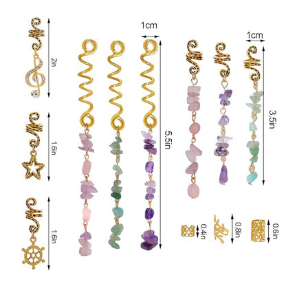 40Pcs Hair Jewelry for Braids, hoyuwak Natural Colored Crystal Stone Hair Braid Accessories Metal Hair Charms Gold Loc Dreadlock Spirals Cuffs Rings for Women Girls Rave Festival Hairstyle Decoration