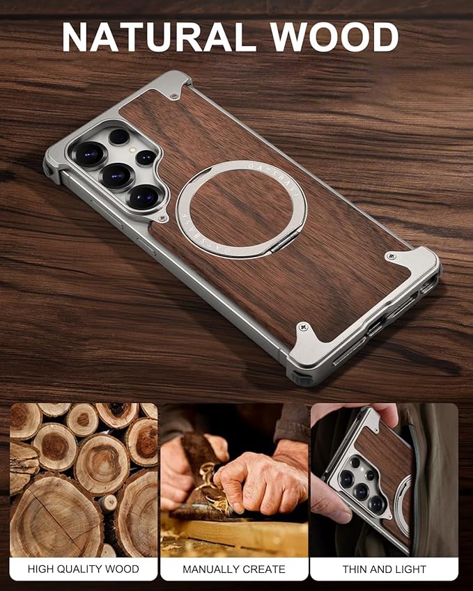 OATSBASF Magnetic Wood Case Compatible with Samsung Galaxy S25 Ultra, [Natural Wood & Aluminum] Shockproof Protective Cover Unique Wooden Case with 360° Ring Stand, Natural Titanium