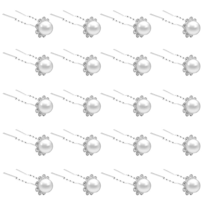 20 Pack (White) Pearl Crystal Hair Pins Flower Rhinestone Hair Clips for Bridal Wedding Women Hair Jewelry Accessories, with Clear Container