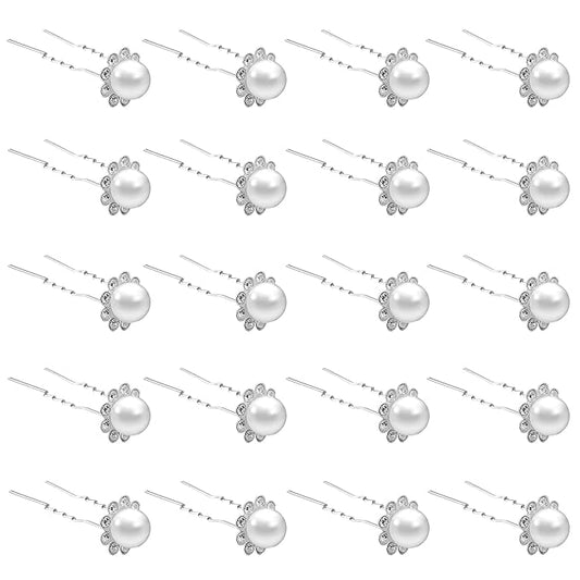 20 Pack (White) Pearl Crystal Hair Pins Flower Rhinestone Hair Clips for Bridal Wedding Women Hair Jewelry Accessories, with Clear Container
