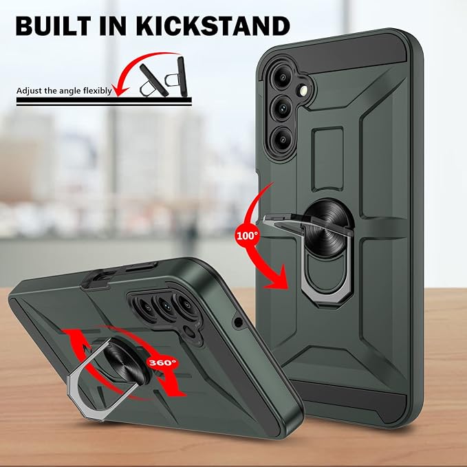 for Galaxy A14 5G Case, for Galaxy A14 5G Case with [3X Tempered Glass Screen Protector], Built-in Ring Kickstand and Magnetic Car Mount Shockproof Dropproof Armor Case for Galaxy A14 5G - Green