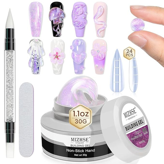 MIZHSE Solid Builder Gel for Nails - 30g/1oz Purple Mermaid Hard Gel for Nails 3D Nail Gel with Nail Forms 3D Sculpting Pen Soak off U V Nail Builder Gel for Nail Extension 3D Nail Art Women