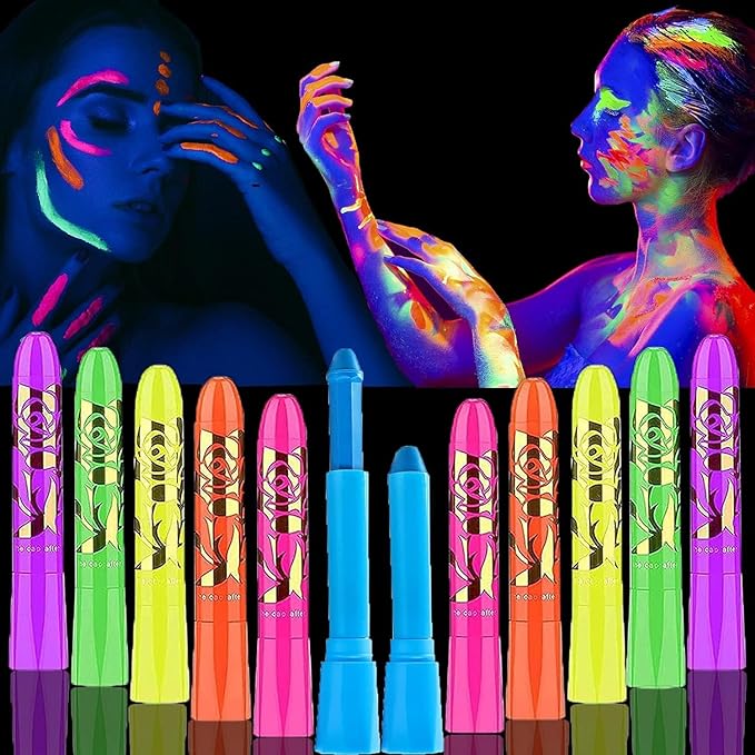 12 Pcs Glow in The Dark Body Face Paint Neon Glow in The Black Light UV Fluorescent Crayons Paint Sticks Makeup Kit for Kids Adults Halloween Masquerade Mardi Gras Blacklight Birthday Party
