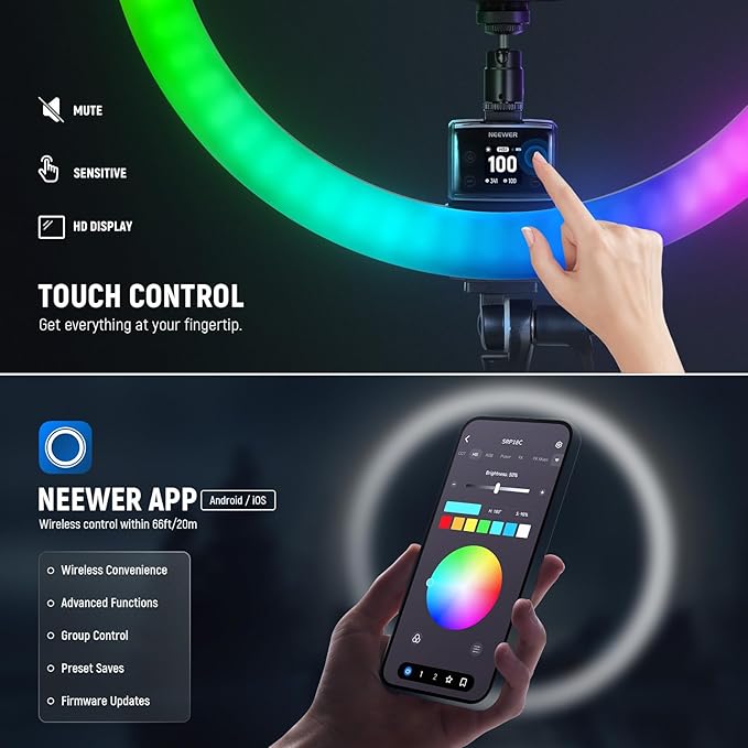 NEEWER SRP18C 18 Inch RGB LED Ring Light Kit with Reversible Tripod Light Stand App Control Phone Holder Compatible with iPhone, Ultra Slim Ringlight for Makeup Video Recording Selfie Studio Streaming