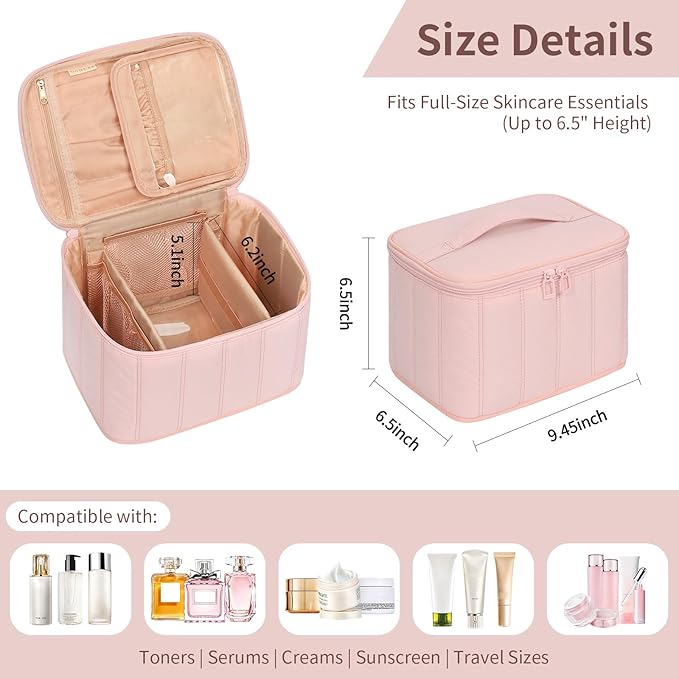OCHEAL Travel Makeup Bag, Cosmetic Bags for Women Makeup Case Organizer Large Capacity Travel Toiletry Bag Storage Bags with Divider and Handle for Cosmetics Toiletries Brushes Tools-Pink