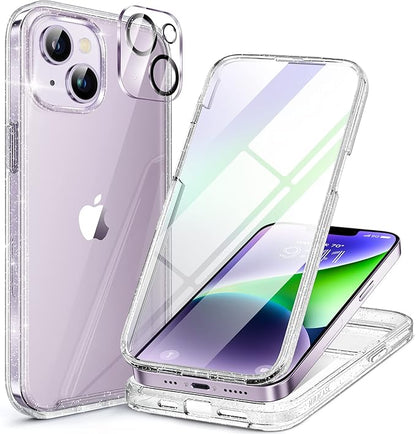 Miracase Glass Series Designed for iPhone 14 Plus Case 6.7 inch, 2023 Upgrade Full-Body Clear Bumper Case with Built-in 9H Tempered Glass Screen Protector and Camera Lens Protector,Glitter Clear