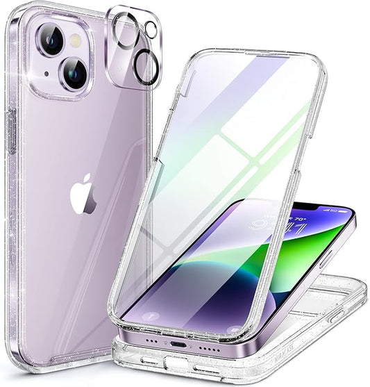 Miracase Glass Series Designed for iPhone 14 Plus Case 6.7 inch, 2023 Upgrade Full-Body Clear Bumper Case with Built-in 9H Tempered Glass Screen Protector and Camera Lens Protector,Glitter Clear