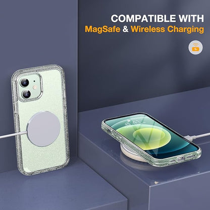 Miracase Glass Series for iPhone 12/12 Pro - Full-Body Rugged Protective Case with Built-in 9H Tempered Glass Screen Protector and Camera Lens Protector - Glitter Clear