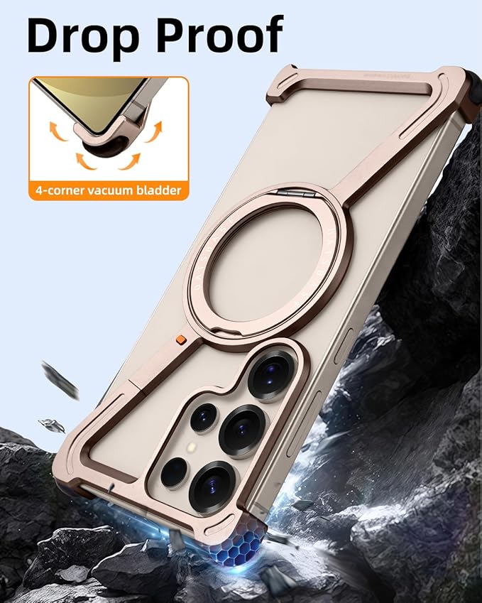OATSBASF Minimalist Phone Case Compatible with Samsung Galaxy S25 Ultra, 360° Rotation Kickstand Aluminum Metal Frameless Design Bumper Case, Protective Shock Grade Shell, Desert Titanium