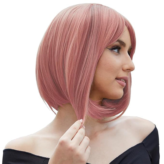 Onpep Pink Wig with Bangs Short Bob Natural Looking Wigs for Women Straight Shoulder Length Heat Resistant Synthetic Wigs
