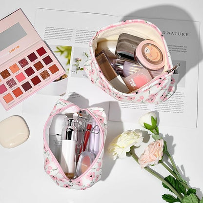 2 Pieces Flower Makeup Bag Large Floral Cosmetic Bag Capacity Canvas Mix Travel Toiletry Bag Organizer Cute Makeup Brushes Aesthetic Accessories Storage Bag for Women, Flower Mix Pink