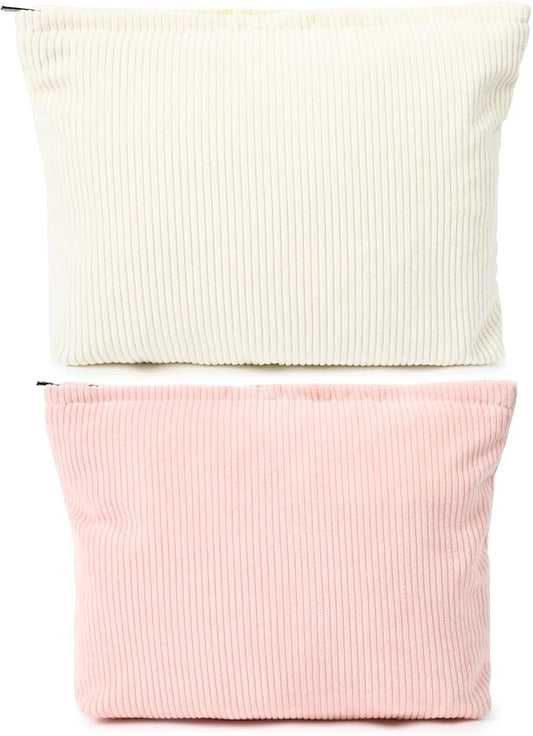2 Pieces Corduroy Makeup Bag Large Corduroy Cosmetic Bag Capacity Canvas Travel Toiletry Bag Organizer Cute Makeup Brushes Aesthetic Accessories Storage Bag for Women, Corduroy L White Pink