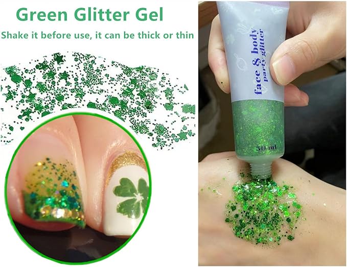 Go Ho Green Face Body Glitter,St Patricks Day Face Glitter Makeup,Green Face Paint Holographic Chunky Sequins Glitters for Eye Lip Hair Nails,Festival Rave Accessories,52g