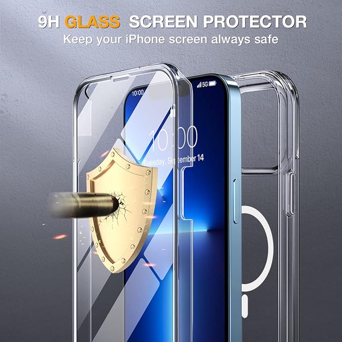 Miracase Magnetic for iPhone 13 Pro Max Case 6.7'' [Compatible with Magsafe] Full-Body Military Drop Proof 13 Pro Max Phone Case Cover with Built-in 9H Tempered Glass Screen Protector, Magnetic Clear
