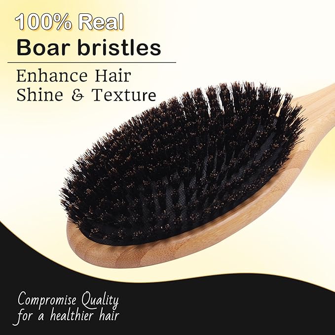 100% Boar Bristle Hair Brush - Natural Bamboo Hair Brush for Men & Women, Promotes Hair Growth, Includes Travel Bag & Cleaner