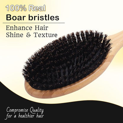 100% Boar Bristle Hair Brush - Natural Bamboo Hair Brush for Men & Women, Promotes Hair Growth, Includes Travel Bag & Cleaner