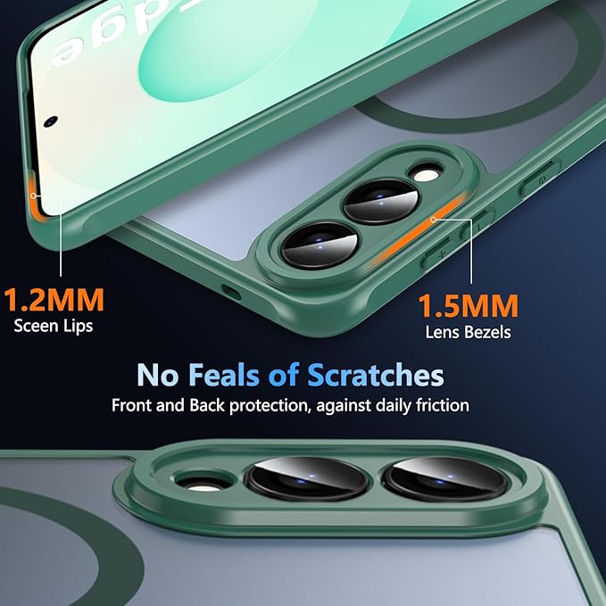 OWKEY for Samsung Galaxy S25 Edge Case 6.65'',Magnetic S25 Edge Case for Magsafe with Tempered Glass Screen, [Shockproof Military] Translucent Back Slim Bumper Cover Phone Case Galaxy s25 Edge,Green