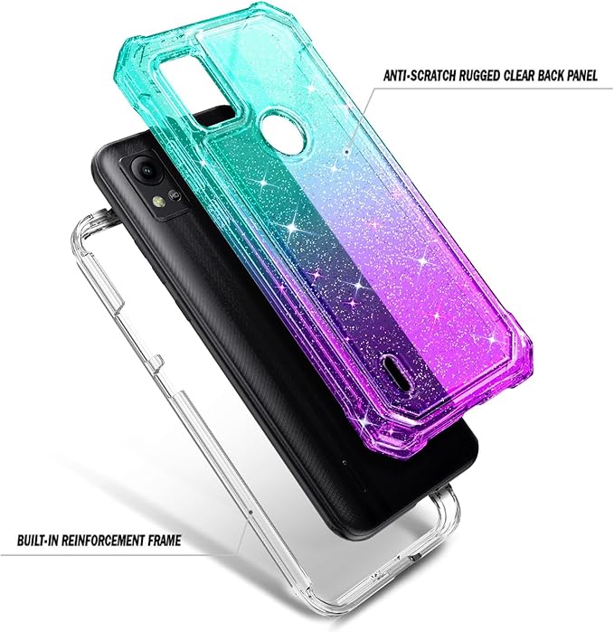 Designed for Cricket Icon 5 Case, AT&T Motivate 4 Phone Case with [Built-in Screen Protector], [5.5FT Mil-Grade Drop Tested] Full-Body Protective Shockproof Bumper Case (Glitter Aqua/Purple)