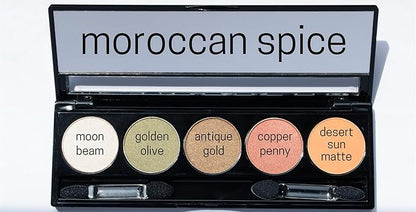 Moroccan Spice Shimmer White, Olive Green, Gold, Copper Penny Red, and Light Matte Orange Vegan Eyeshadow Palette; Talc, Paraben & Cruelty Free