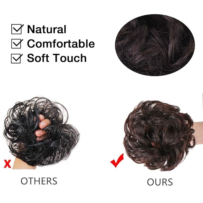 MORICA 1PCS Messy Hair Bun Hair Scrunchies Extension Curly Wavy Messy Bun Hair Synthetic Chignon Hairpieces for Women(2/33#(Darkest Brown & Dark Auburn Mixed))