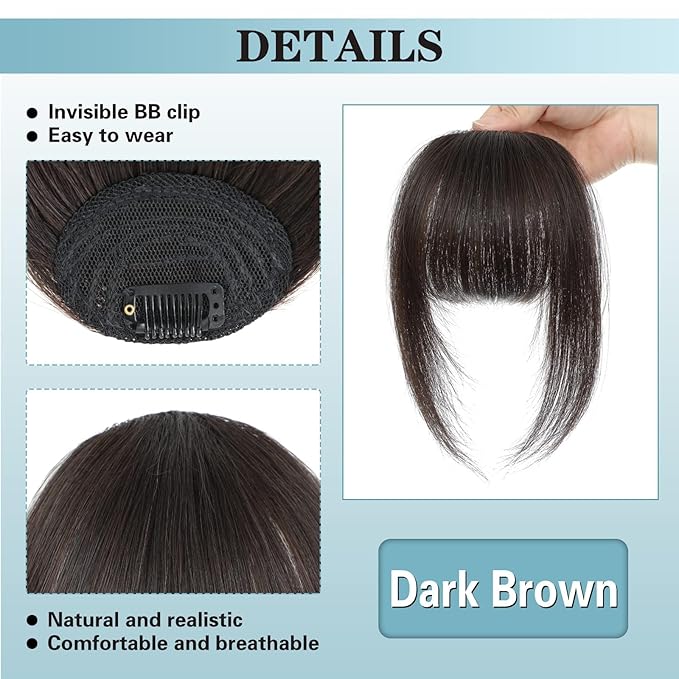 NAYOO Bangs Hair Clip - Dark Brown Fake Bangs 100% Real Human Hair Extensions French Bangs for Women Fringe with Temples Hairpieces Curved Bangs for Daily Wear（Dark Brown， Fake Bangs）