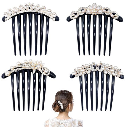4 Pcs Pearls Side Comb for Women and Girls - Rhinestones Flower Hair Combs Pins Accessories - Vintage Wedding Headpieces Tools - Daily Present