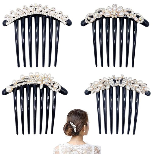4 Pcs Pearls Side Comb for Women and Girls - Rhinestones Flower Hair Combs Pins Accessories - Vintage Wedding Headpieces Tools - Daily Present