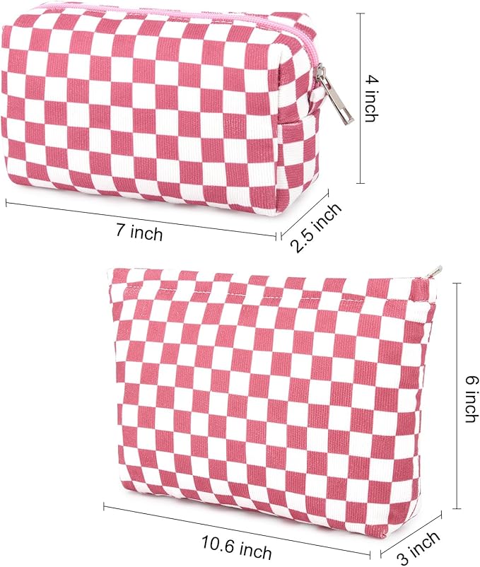 2 Pcs Checkered Makeup Bag Large Cosmetic Bag Toiletry Bag Makeup Pouch Travel Bag Organizer Cute Makeup Brushes Aesthetic Accessories Storage Bag for Women Peach Pink
