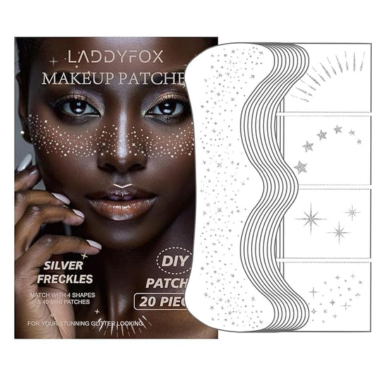 20 Pcs Silver Face Makeup Patches, Glitter Freckles Face Tattoo, Easy Application Sparkle Makeup Freckles, Waterproof Glitter Freckles Patches for Women (Silver)
