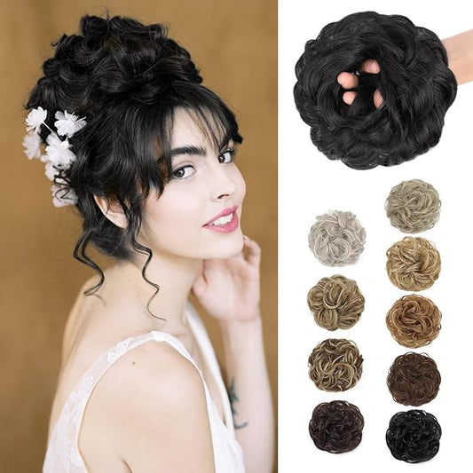MORICA 1PCS Messy Hair Bun Hair Scrunchies Extension Curly Wavy Messy Bun Hair Synthetic Chignon Hairpieces for Women(Black)