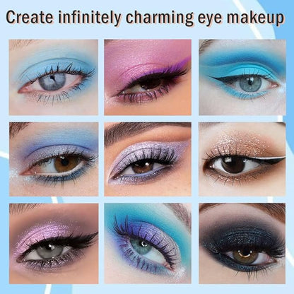 18Colors Blue Purple Gray Colorful Eyeshadow Palette Makeup,Light Blue Glitter Sparkly Highly Pigmented Smoked Eye Shadow Long Lasting Waterproof Naturing-Looking Blendable for Beginners