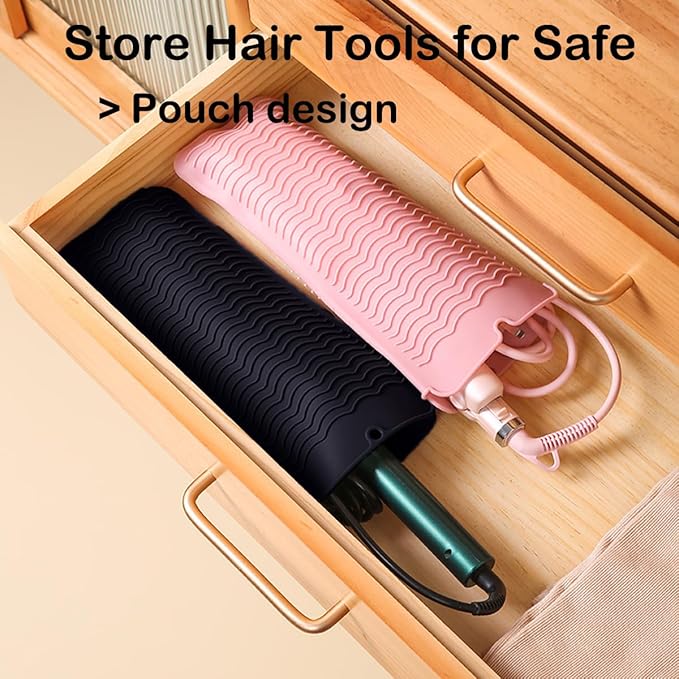 Heat Resistant Silicone Mat with Hanging Hole, Straightener Heat Resistant Travel Mat & Pouch for Curling Iron, Flat Iron and Other Hot Hair Styling Tools, 11 x 5 in, Black
