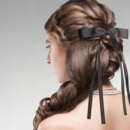 4 PCS Tassel Ribbon Bowknot Hair Clips With Long Tail for Women Girl Teens Kids, Solid Holder Fashion Bow Bowknot Hair Accessories Headwear Barrettes Claw(Black&White)