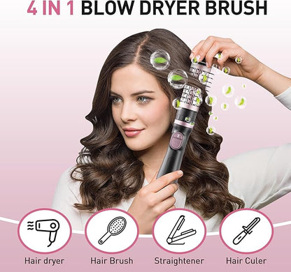 3-in-1 Rotating Hair Dryer Brush Blow Dryer with Interchangeable Heads, Hair Styling Tools for Straightening/Drying/Curling, Spinning Thermal Brush Blowout Set for Long Hair, Rose Gold
