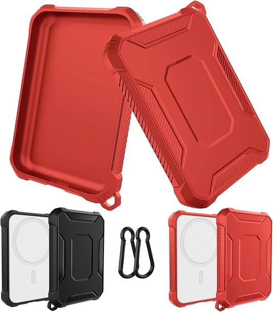2 Pack Case Compatible with Magsafe Battery Pack Cover, Slim TPU Carbon Fiber Design Protective Case Cover with Keychain Anti-Shockproof Rugged Bumper Shell for Magsafe Battery Pack Black/Red